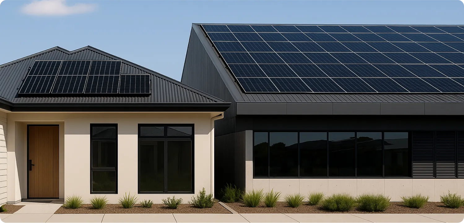 Modern Australian commercial building with large rooftop solar panels generating renewable energy.
