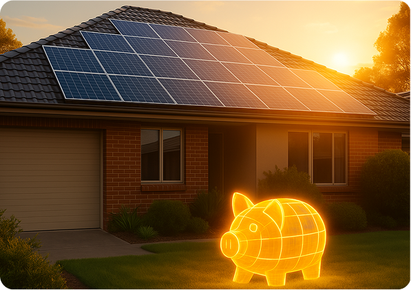 A piggy bank equipped with solar panels, representing a blend of saving money on installing solar system and get sustainable energy solutions
