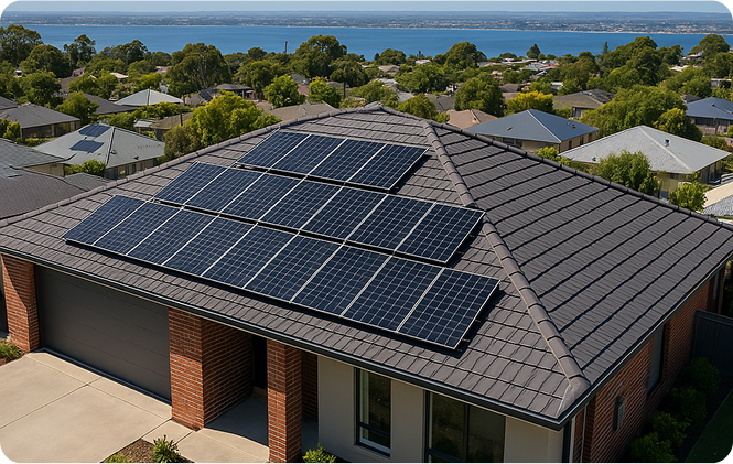 A residential house with solar panels on the roof, illustrating the use of renewable energy technology.