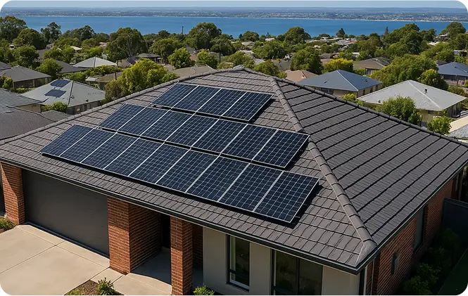 A residential house with solar panels on the roof, illustrating the use of renewable energy technology.