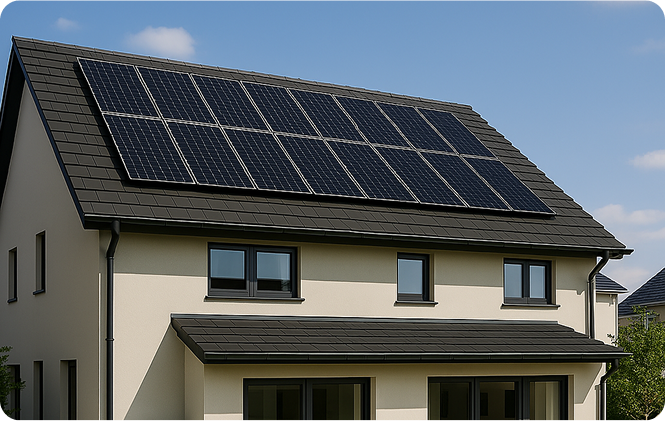 A residential home with solar panels on the roof emphasizing the shift towards renewable energy sources