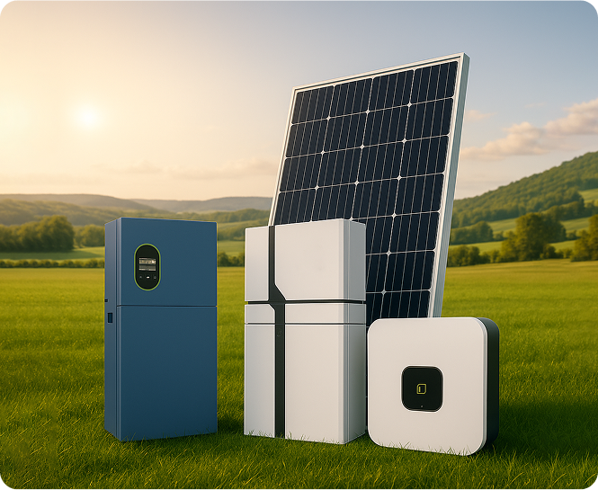 Expansive view of solar power systems like panels, solar battery and inverter in a field displaying best solar packages, positioned to capture sunlight efficiently 