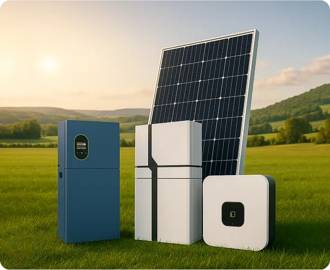 Expansive view of solar power systems like panels, solar battery and inverter in a field displaying best solar packages, positioned to capture sunlight efficiently 