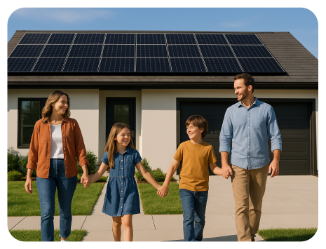 A family walks in front of a residence with solar panels, illustrating the integration of renewable energy in daily life.