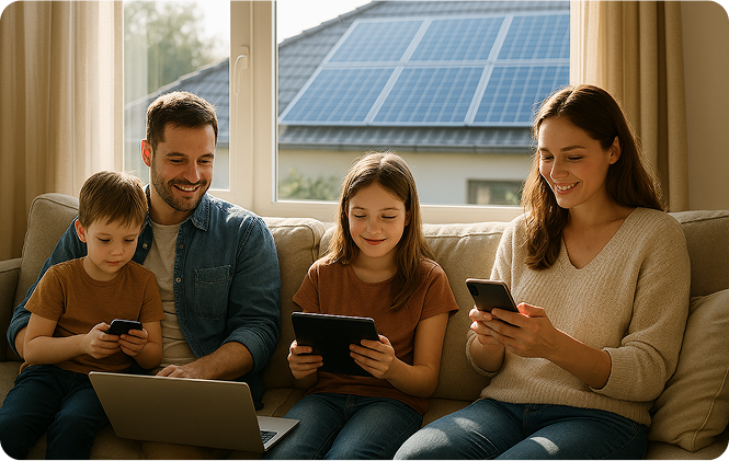 Four family members sit together on a couch, each person using their laptops and cell phones and in background solar panel system are installed.