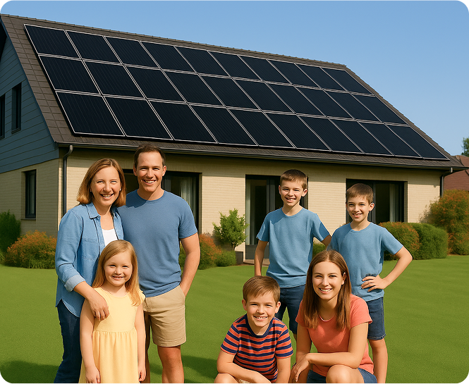 A residential family poses happily in front of their house with solar panels visible on the roof above them.