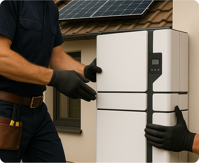 Two men are installed a solar panel on a rooftop and now collaborating to set up a solar battery with his teamwork and technical skills. 