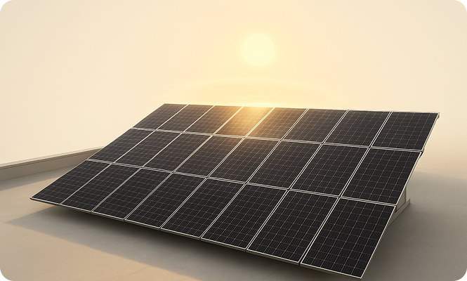 Solar panel on a roof with a vibrant sunset casting warm colour in the background