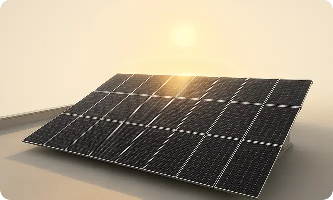 Solar panel on a roof with a vibrant sunset casting warm colour in the background