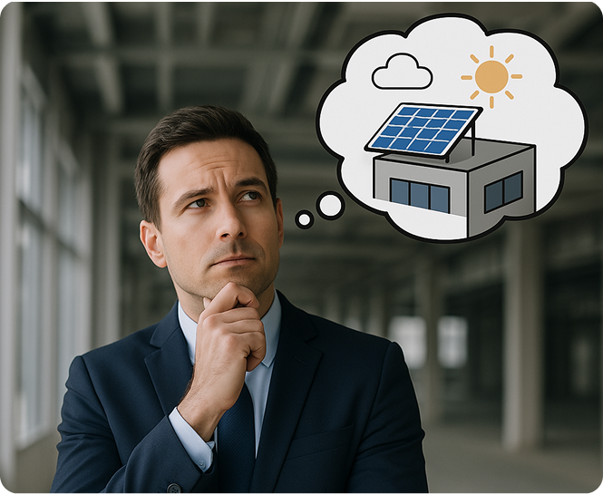 A man dressed in a suit and tie ponders the advantages of solar panels, focusing on renewable energy options.