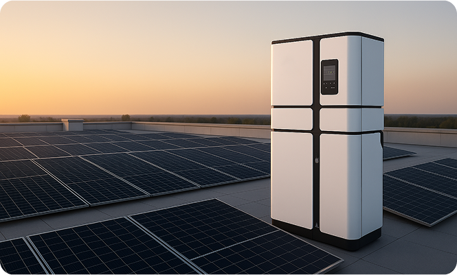 A solar panel located on the top of a structure with solar battery, illustrating the adoption of solar technology