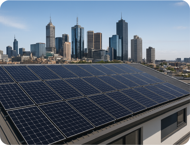 A building with solar panels on its roof, framed by a city skyline, representing the integration of green technology in cities