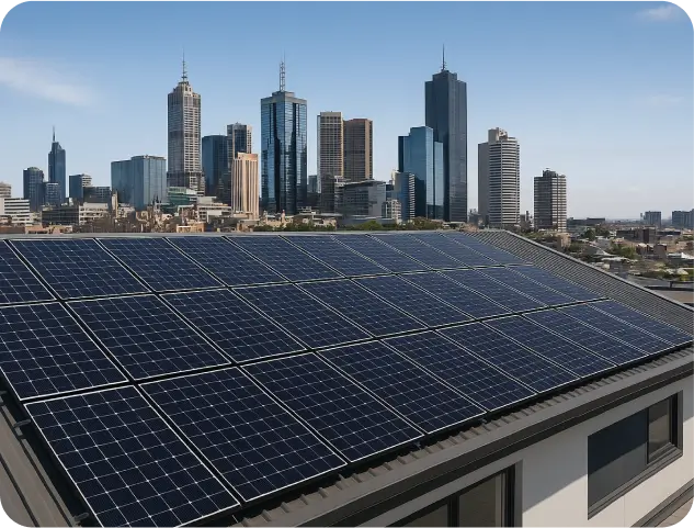 A building with solar panels on its roof, framed by a city skyline, representing the integration of green technology in cities