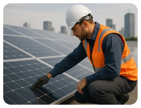 A construction worker in an orange vest and hard hat is working diligently on solar panel installation