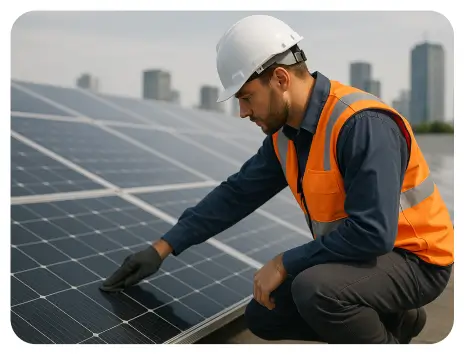 A construction worker in an orange vest and hard hat is working diligently on solar panel installation