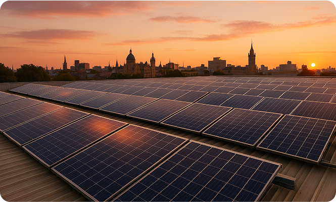 Solar panels installed on a roof, bathed in the golden light of sunset, showcasing renewable energy in action