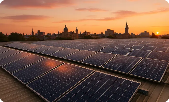 Solar panels installed on a roof, bathed in the golden light of sunset, showcasing renewable energy in action
