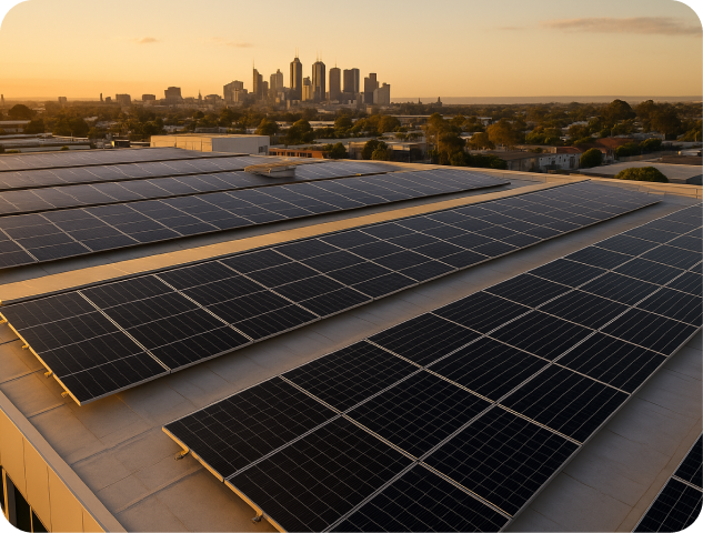 A building's roof equipped with solar panels, promoting renewable energy and sustainability