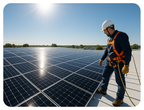 A man wearing orange safety vest and hard hat stands on a rooftop, inspecting solar panels under bright sunlight