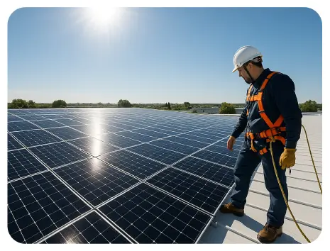 A man wearing orange safety vest and hard hat stands on a rooftop, inspecting solar panels under bright sunlight