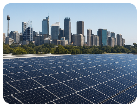 Solar panels installed in front of a city skyline emphasizing sustainable energy solutions in metropolitan areas.