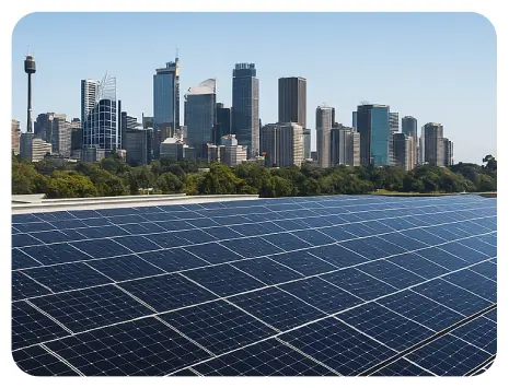 Solar panels installed in front of a city skyline emphasizing sustainable energy solutions in metropolitan areas.
