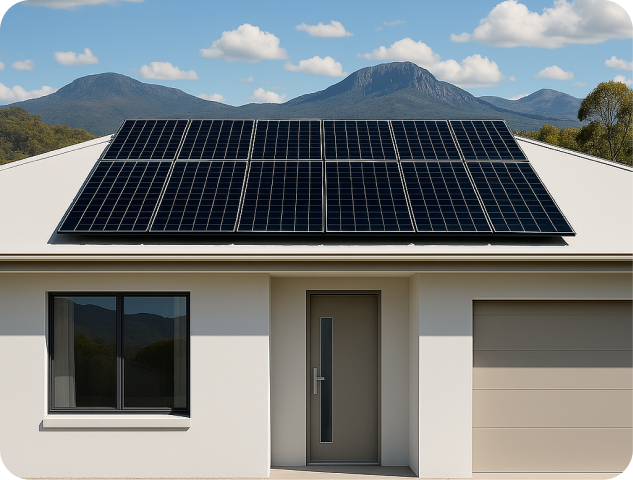 A residential home with solar panels on the roof representing eco-friendly energy practices.