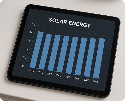 A tablet screen featuring a solar energy application, highlighting solar panel efficiency and energy savings.