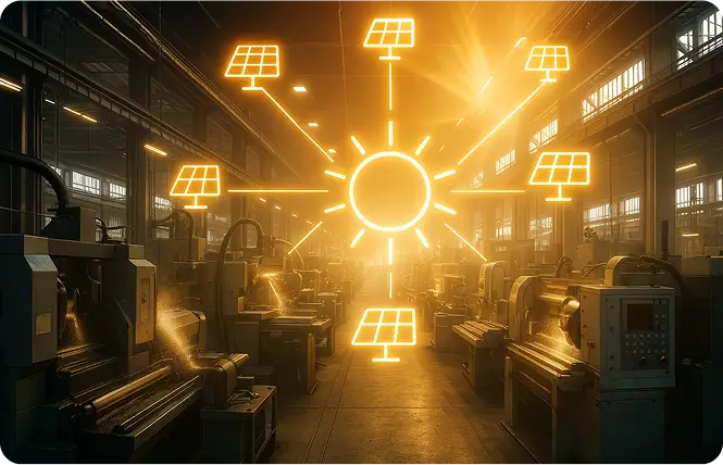 A factory featuring solar panels on its roof showcasing the integration of solar energy in manufacturing. 