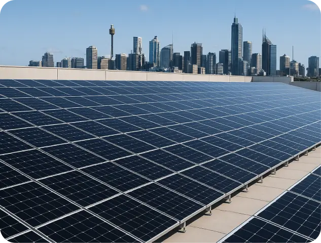 Solar panels on a building roof with a city skyline visible in the background under a clear blue sky 