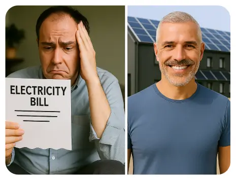 Two images show a man face displaying a sign that says 'electricity bill after installing solar panel,' highlighting the topic of utility expenses.