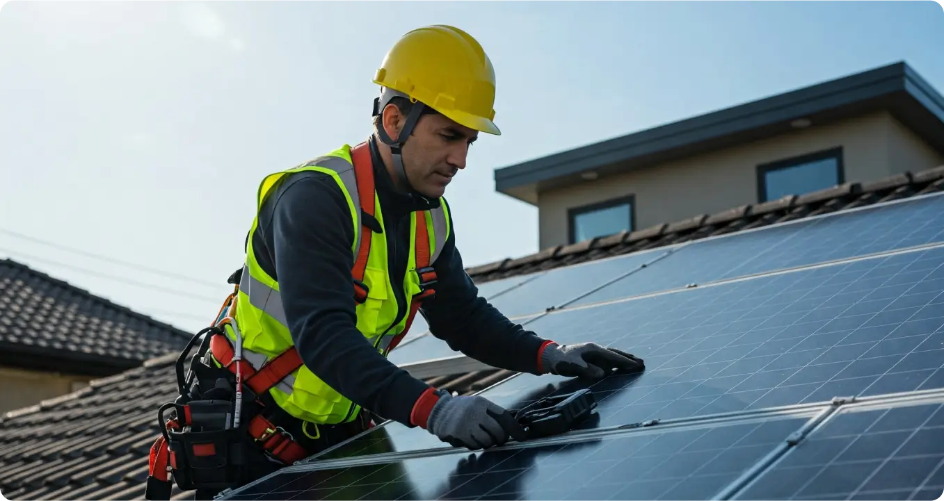 Man in safety vest and hard hat installing solar panels 