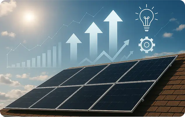 Solar panel on roof with upward arrow and graph symbolizing growth