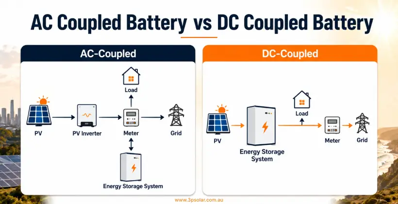 Comparison diagram showing the difference between AC-coupled and DC-coupled solar battery systems