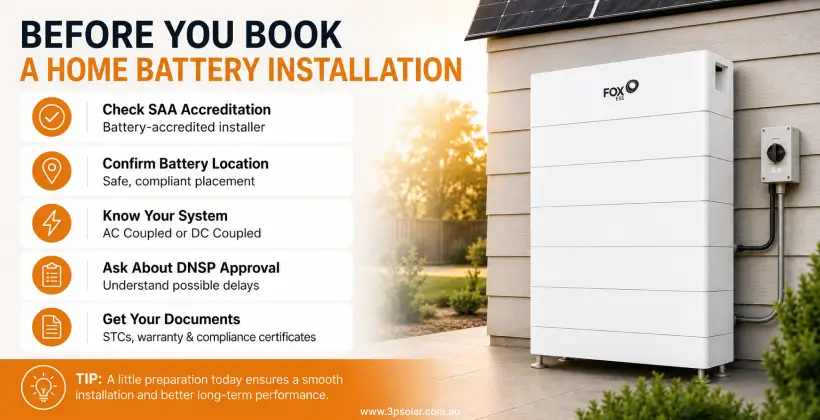 Home battery installation checklist covering installer accreditation, battery location, system type and documentation