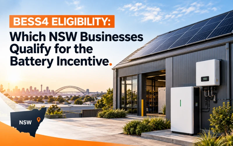 Commercial solar panels and battery storage system representing BESS4 battery incentive eligibility for NSW businesses in Australia