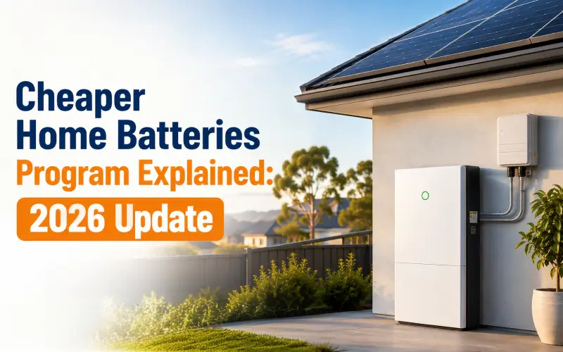 Australian home with rooftop solar panels and a home battery illustrating the Cheaper Home Batteries Program 2026 update