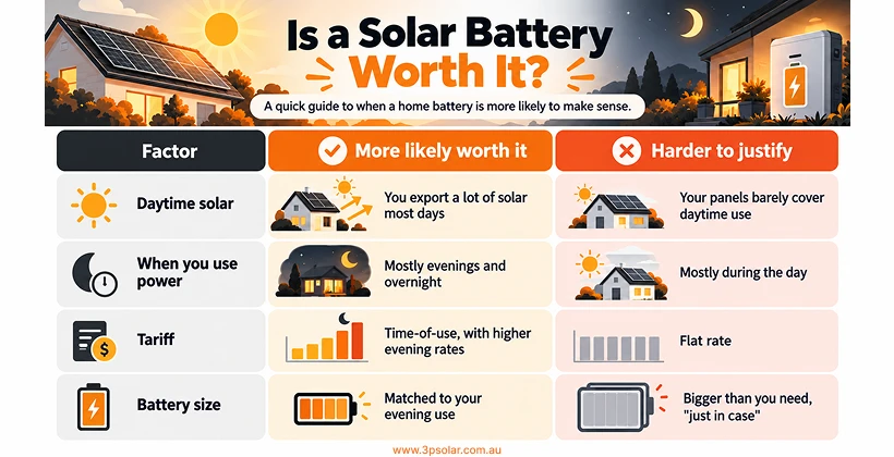 Infographic showing when a home solar battery is more likely worth it, comparing daytime solar use, power usage patterns, tariff type, and battery size in 3P Solar brand colours