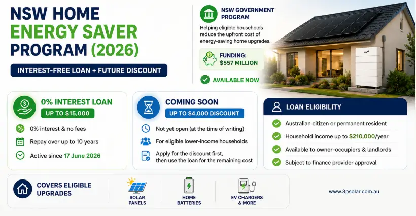 NSW Home Energy Saver Program 2026 infographic showing the 0% interest loan, upcoming $4,000 discount, eligibility and eligible home upgrades
