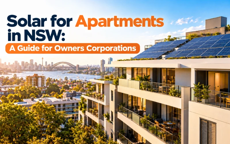 Low-rise Sydney apartment building with rows of black solar panels on its flat common-property roof.