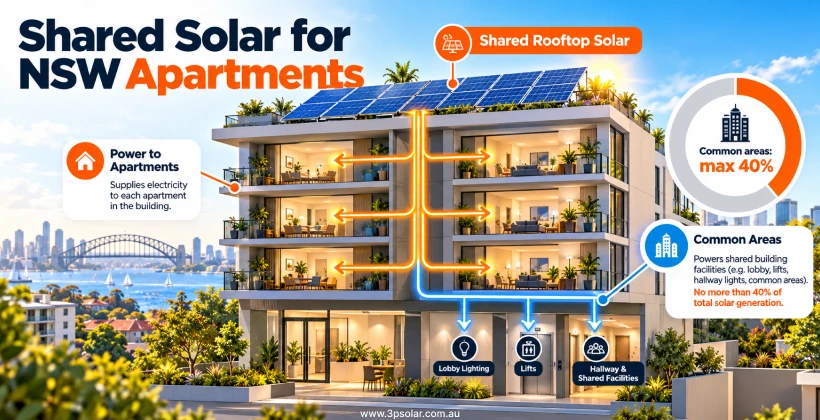 Infographic showing one shared rooftop solar system on an NSW apartment building sending power to each apartment, with no more than 40% going to common areas, in 3P Solar brand colours.