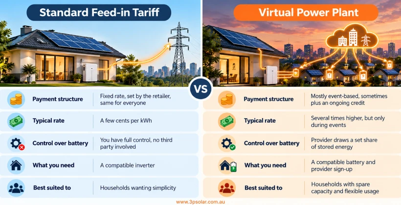 Standard feed-in tariff vs virtual power plant infographic comparing payment structure, rates, battery control, requirements and suitability for solar households
