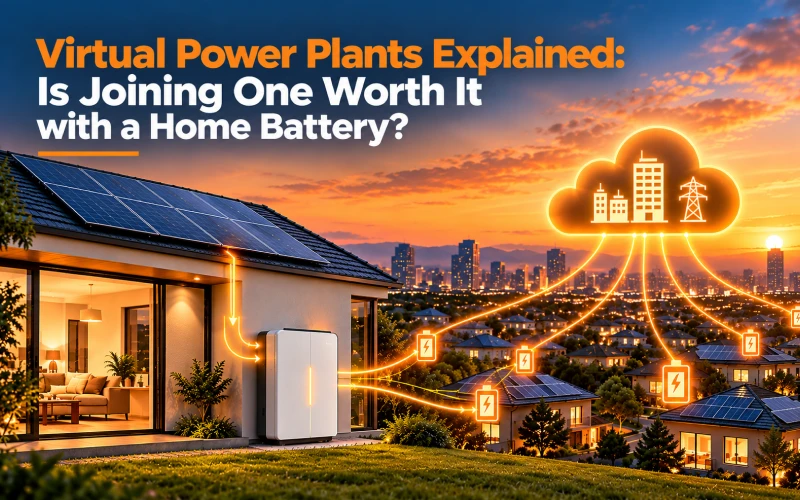 Modern Australian home with rooftop solar panels and a home battery connected to a virtual power plant network, illustrating shared solar energy and battery storage