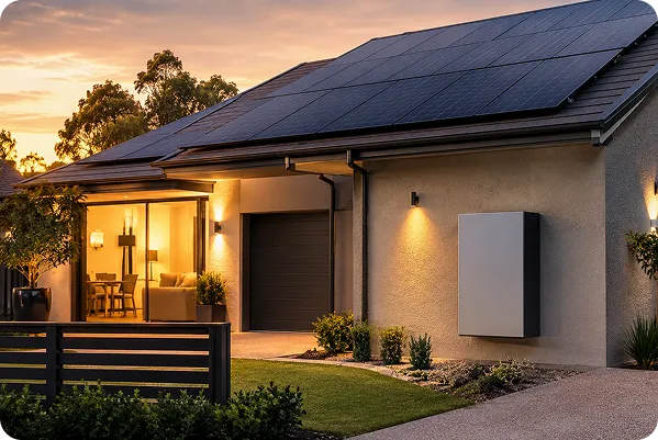 Contemporary Greater Melbourne home with black monocrystalline solar panels and an outdoor home battery system at sunset.