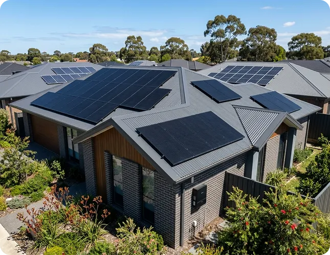 Modern Greater Melbourne home with black monocrystalline solar panels installed across multiple roof sections.
