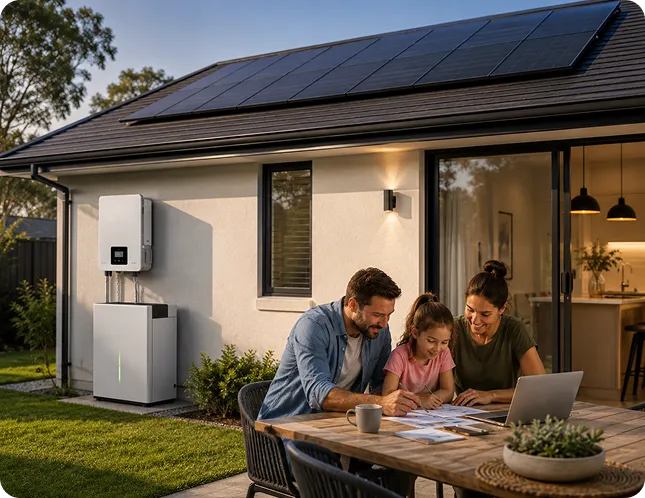 Family planning their energy use outside a Queensland home with black monocrystalline solar panels and an outdoor home battery system.