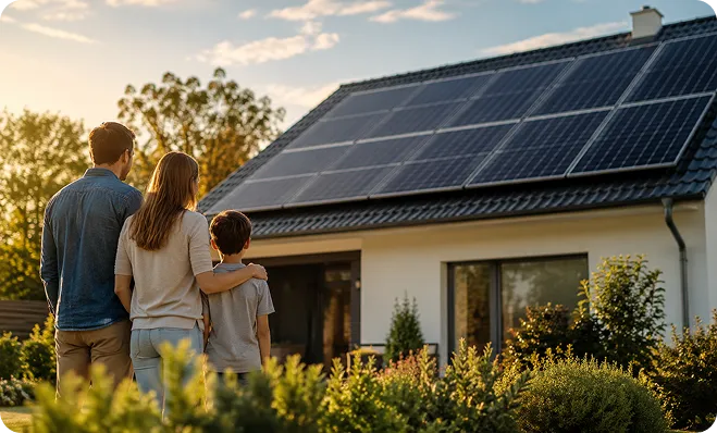 Family standing together and admiring their Queensland home with black monocrystalline solar panels.