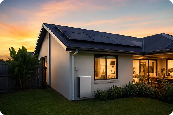 Contemporary Queensland home with black monocrystalline solar panels and an outdoor home battery system at sunset.