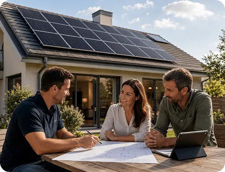 Homeowners meeting with a 3P Solar consultant outside a Queensland home with black monocrystalline solar panels.