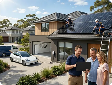 Representative discussing a residential solar installation with homeowners outside a Queensland home with rooftop solar panels.